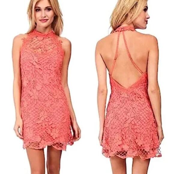 Free People Snowdrop Coral Lace Trapeze Mini Halter Dress Orange Women's Size S - Picture 1 of 10